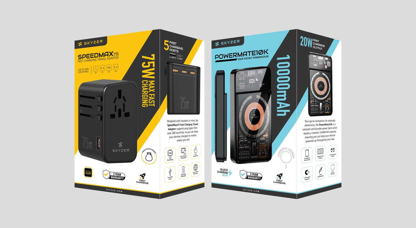 Skyzer SpeedMax75 and PowerMate10K retail packaging